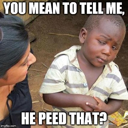 Third World Skeptical Kid Meme | YOU MEAN TO TELL ME, HE PEED THAT? | image tagged in memes,third world skeptical kid | made w/ Imgflip meme maker