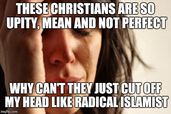 First World Problems Meme | THESE CHRISTIANS ARE SO UPITY, MEAN AND NOT PERFECT WHY CAN'T THEY JUST CUT OFF MY HEAD LIKE RADICAL ISLAMIST | image tagged in memes,first world problems | made w/ Imgflip meme maker