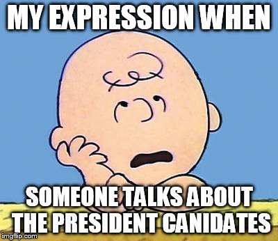 election 2016 don't care | MY EXPRESSION WHEN; SOMEONE TALKS ABOUT THE PRESIDENT CANIDATES | image tagged in donald trump,hillary clinton | made w/ Imgflip meme maker