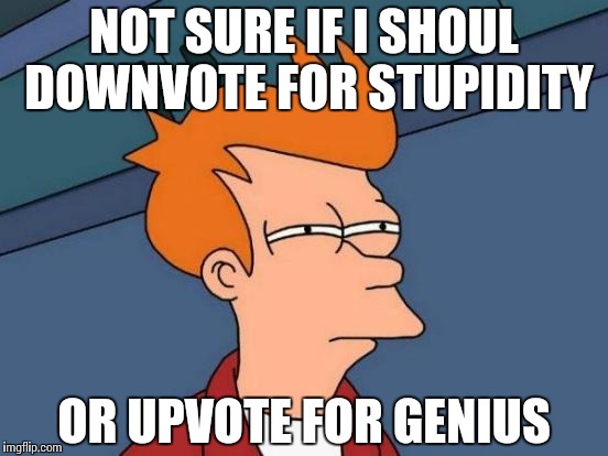 Futurama Fry Meme | NOT SURE IF I SHOUL DOWNVOTE FOR STUPIDITY OR UPVOTE FOR GENIUS | image tagged in memes,futurama fry | made w/ Imgflip meme maker