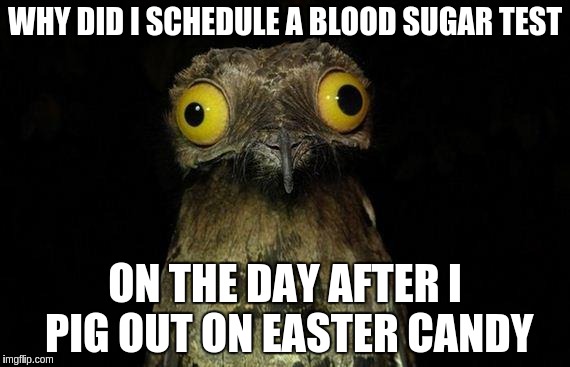 Weird Stuff I Do Potoo | WHY DID I SCHEDULE A BLOOD SUGAR TEST; ON THE DAY AFTER I PIG OUT ON EASTER CANDY | image tagged in memes,weird stuff i do potoo | made w/ Imgflip meme maker