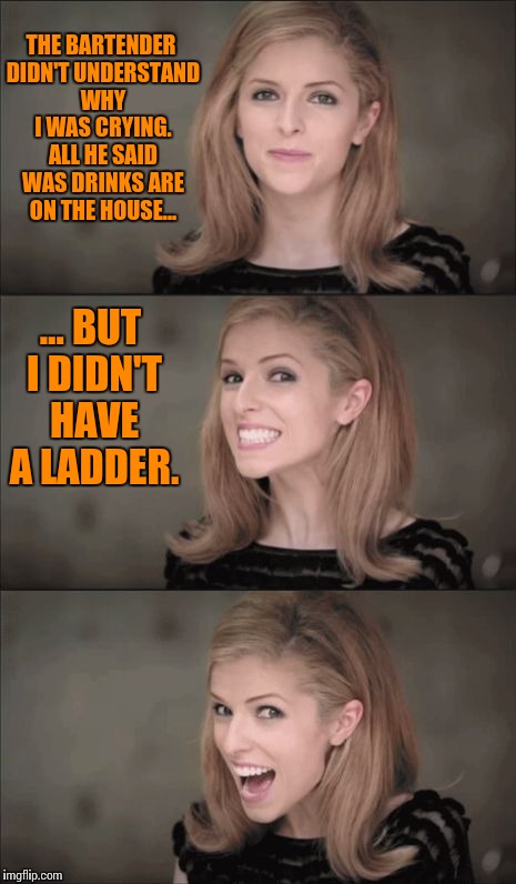 Bad Pun Anna Kendrick | THE BARTENDER DIDN'T UNDERSTAND WHY I WAS CRYING. ALL HE SAID WAS DRINKS ARE ON THE HOUSE... ... BUT I DIDN'T HAVE A LADDER. | image tagged in memes,bad pun anna kendrick,bartender,funny memes,anna kendrick | made w/ Imgflip meme maker