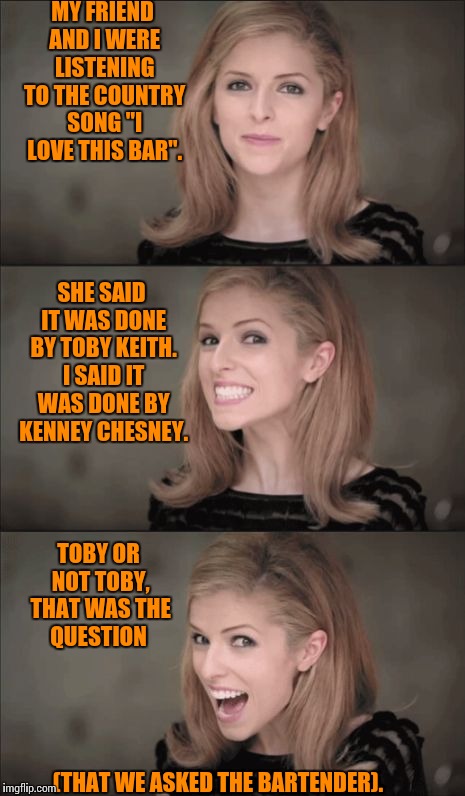 Bad Pun Anna Kendrick | MY FRIEND AND I WERE LISTENING TO THE COUNTRY SONG "I LOVE THIS BAR". SHE SAID IT WAS DONE BY TOBY KEITH. I SAID IT WAS DONE BY KENNEY CHESNEY. TOBY OR NOT TOBY, THAT WAS THE QUESTION; (THAT WE ASKED THE BARTENDER). | image tagged in memes,bad pun anna kendrick,anna kendrick,hamlet,funny memes,shakespeare | made w/ Imgflip meme maker
