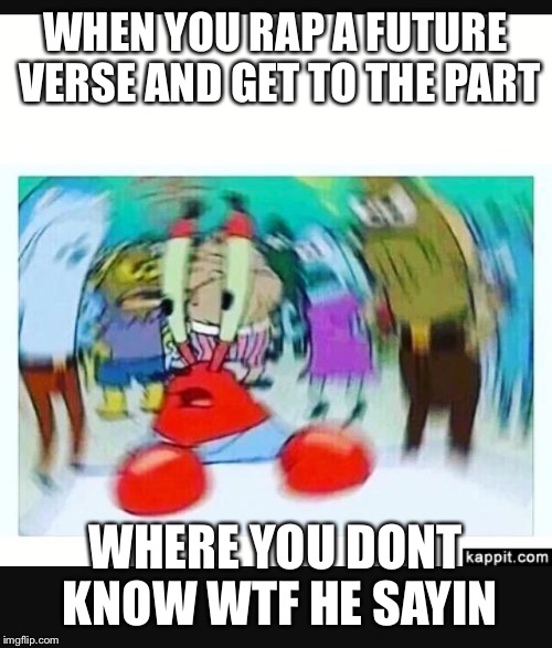 WHEN YOU RAP A FUTURE VERSE AND GET TO THE PART; WHERE YOU DONT KNOW WTF HE SAYIN | image tagged in future,mr krabs,meme | made w/ Imgflip meme maker
