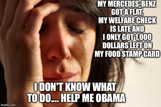 First World Problems Meme | MY MERCEDES-BENZ GOT A FLAT, MY WELFARE CHECK IS LATE AND I ONLY GOT 1,000 DOLLARS LEFT ON MY FOOD STAMP CARD; I DON'T KNOW WHAT TO DO.... HELP ME OBAMA | image tagged in memes,first world problems | made w/ Imgflip meme maker