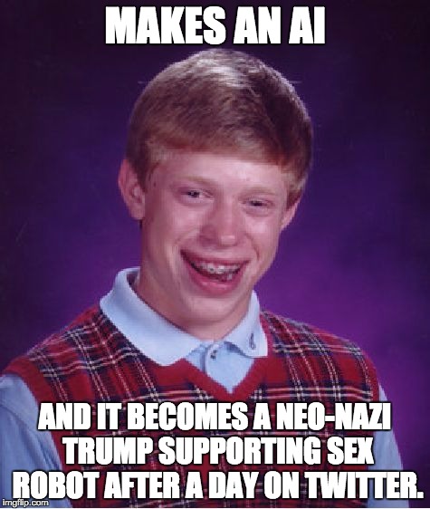 Microsoft had it coming, for putting an artificial intelligence on Twitter.  | MAKES AN AI; AND IT BECOMES A NEO-NAZI TRUMP SUPPORTING SEX ROBOT AFTER A DAY ON TWITTER. | image tagged in memes,bad luck brian | made w/ Imgflip meme maker