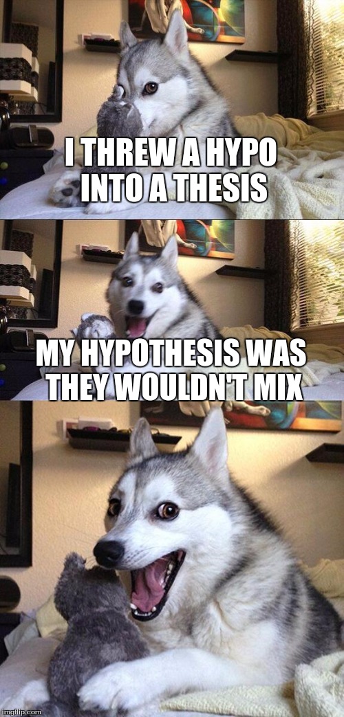 Bad Pun Dog Meme |  I THREW A HYPO INTO A THESIS; MY HYPOTHESIS WAS THEY WOULDN'T MIX | image tagged in memes,bad pun dog | made w/ Imgflip meme maker