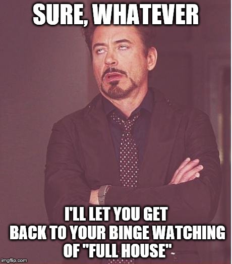 Face You Make Robert Downey Jr Meme | SURE, WHATEVER I'LL LET YOU GET BACK TO YOUR BINGE WATCHING OF "FULL HOUSE" | image tagged in memes,face you make robert downey jr | made w/ Imgflip meme maker