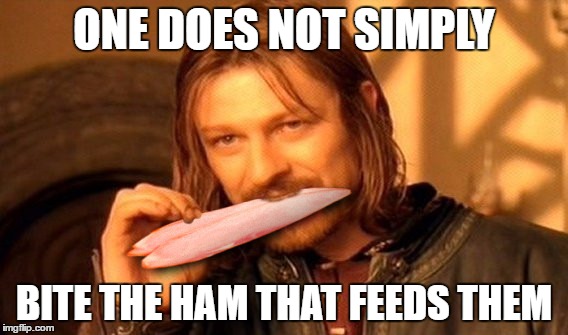 Or maybe one does, if it's bacon | ONE DOES NOT SIMPLY; BITE THE HAM THAT FEEDS THEM | image tagged in memes,funny,one does not simply,boromir,food | made w/ Imgflip meme maker
