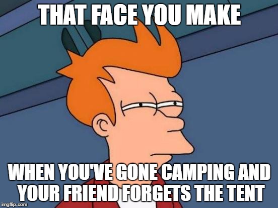 Futurama Fry | THAT FACE YOU MAKE; WHEN YOU'VE GONE CAMPING AND YOUR FRIEND FORGETS THE TENT | image tagged in memes,futurama fry | made w/ Imgflip meme maker