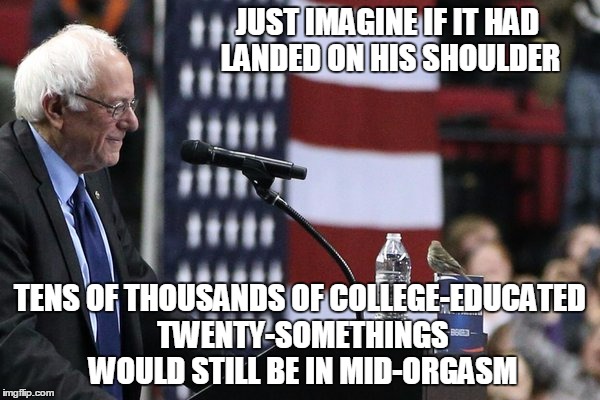 "it's the second coming, brah!!!" | JUST IMAGINE IF IT HAD LANDED ON HIS SHOULDER; TENS OF THOUSANDS OF COLLEGE-EDUCATED TWENTY-SOMETHINGS WOULD STILL BE IN MID-ORGASM | image tagged in bernie sanders,election 2016 | made w/ Imgflip meme maker