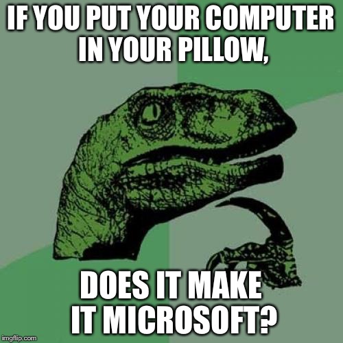 Philosoraptor Meme | IF YOU PUT YOUR COMPUTER IN YOUR PILLOW, DOES IT MAKE IT MICROSOFT? | image tagged in memes,philosoraptor | made w/ Imgflip meme maker