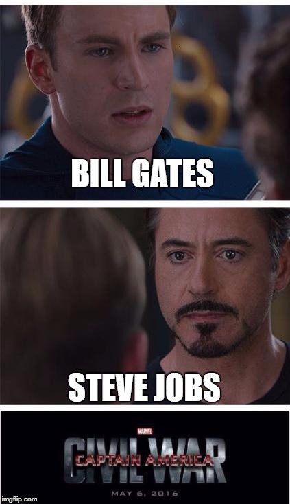 Marvel Civil War 1 Meme | BILL GATES; STEVE JOBS | image tagged in memes,marvel civil war 1 | made w/ Imgflip meme maker