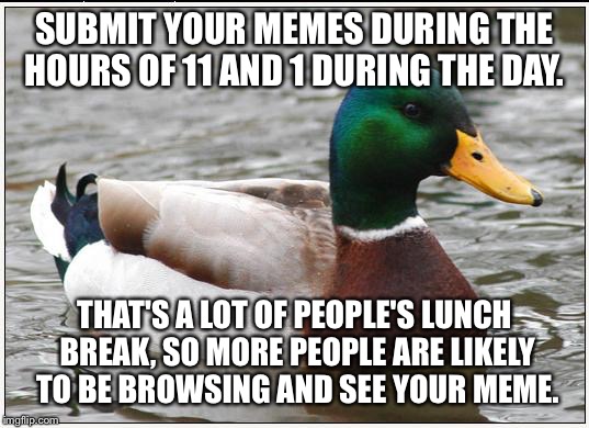 Actual Advice Mallard Meme | SUBMIT YOUR MEMES DURING THE HOURS OF 11 AND 1 DURING THE DAY. THAT'S A LOT OF PEOPLE'S LUNCH BREAK, SO MORE PEOPLE ARE LIKELY TO BE BROWSING AND SEE YOUR MEME. | image tagged in memes,actual advice mallard | made w/ Imgflip meme maker