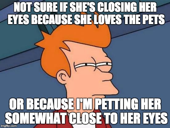 Futurama Fry | NOT SURE IF SHE'S CLOSING HER EYES BECAUSE SHE LOVES THE PETS; OR BECAUSE I'M PETTING HER SOMEWHAT CLOSE TO HER EYES | image tagged in memes,futurama fry,AdviceAnimals | made w/ Imgflip meme maker