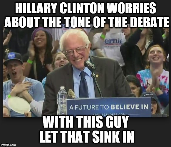 HILLARY CLINTON WORRIES ABOUT THE TONE OF THE DEBATE; WITH THIS GUY LET THAT SINK IN | image tagged in bernie,birdiesanders | made w/ Imgflip meme maker