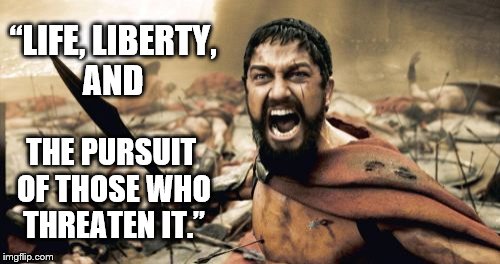 Sparta Leonidas | “LIFE, LIBERTY, AND; THE PURSUIT OF THOSE WHO THREATEN IT.” | image tagged in memes,sparta leonidas | made w/ Imgflip meme maker