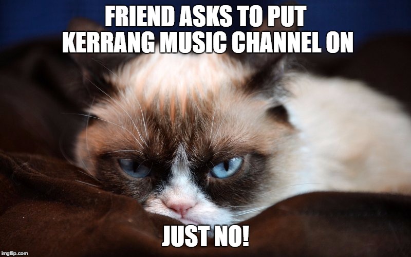 No. Just no. | FRIEND ASKS TO PUT KERRANG MUSIC CHANNEL ON; JUST NO! | image tagged in no just no | made w/ Imgflip meme maker