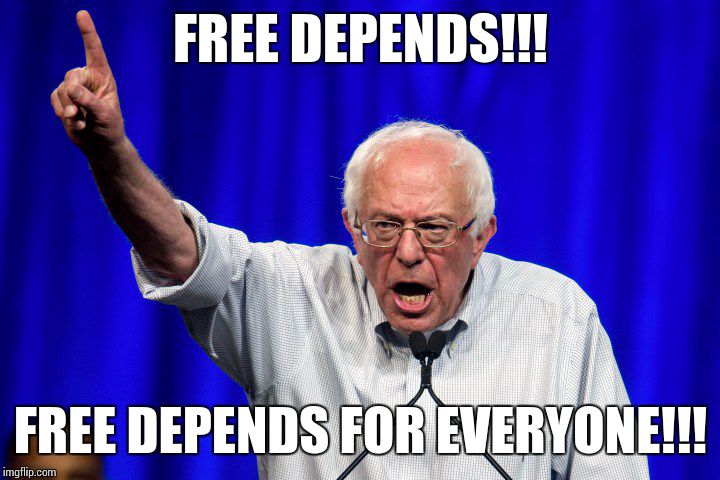 Free the depends!!!!  | FREE DEPENDS!!! FREE DEPENDS FOR EVERYONE!!! | image tagged in bernie sanders,depends,free stuff,election 2016 | made w/ Imgflip meme maker