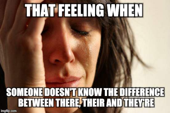 First World Problems | THAT FEELING WHEN; SOMEONE DOESN'T KNOW THE DIFFERENCE BETWEEN THERE, THEIR AND THEY'RE | image tagged in memes,first world problems | made w/ Imgflip meme maker