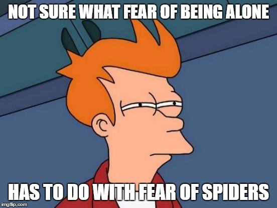 Futurama Fry Meme | NOT SURE WHAT FEAR OF BEING ALONE HAS TO DO WITH FEAR OF SPIDERS | image tagged in memes,futurama fry | made w/ Imgflip meme maker