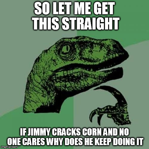 Philosoraptor | SO LET ME GET THIS STRAIGHT; IF JIMMY CRACKS CORN AND NO ONE CARES WHY DOES HE KEEP DOING IT | image tagged in memes,philosoraptor | made w/ Imgflip meme maker