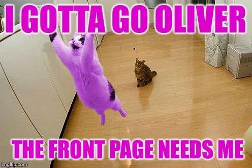 RayCat save the world | I GOTTA GO OLIVER THE FRONT PAGE NEEDS ME | image tagged in raycat save the world | made w/ Imgflip meme maker