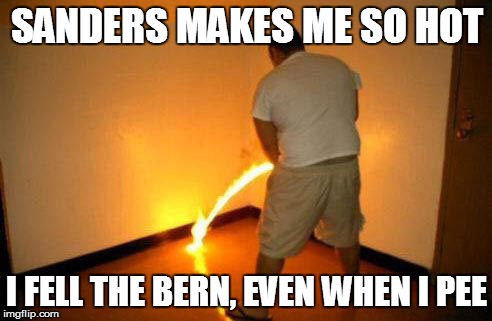 Peeing Fire | SANDERS MAKES ME SO HOT I FELL THE BERN, EVEN WHEN I PEE | image tagged in peeing fire | made w/ Imgflip meme maker