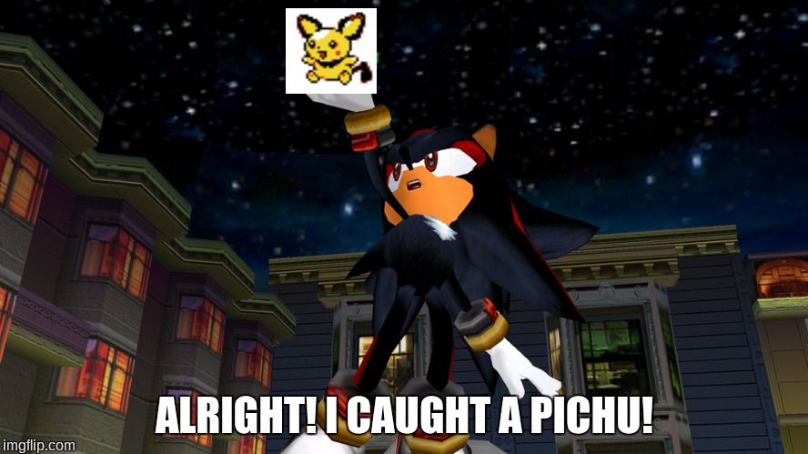 it all begins with this | ALRIGHT! I CAUGHT A PICHU! | image tagged in it all begins with this,shadow the hedgehog,pichu,pokemon | made w/ Imgflip meme maker