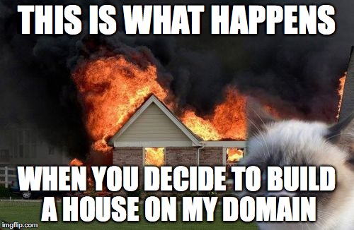 Grumpy Cat Gone Mad | THIS IS WHAT HAPPENS; WHEN YOU DECIDE TO BUILD A HOUSE ON MY DOMAIN | image tagged in memes,burn kitty | made w/ Imgflip meme maker
