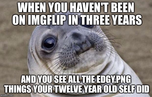 I'm a better person now, I swear |  WHEN YOU HAVEN'T BEEN ON IMGFLIP IN THREE YEARS; AND YOU SEE ALL THE EDGY.PNG THINGS YOUR TWELVE YEAR OLD SELF DID | image tagged in memes,awkward moment sealion | made w/ Imgflip meme maker
