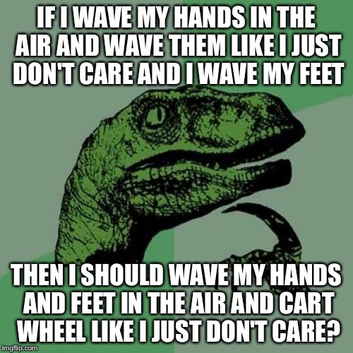 Philosoraptor | IF I WAVE MY HANDS IN THE AIR AND WAVE THEM LIKE I JUST DON'T CARE AND I WAVE MY FEET; THEN I SHOULD WAVE MY HANDS AND FEET IN THE AIR AND CART WHEEL LIKE I JUST DON'T CARE? | image tagged in memes,philosoraptor | made w/ Imgflip meme maker