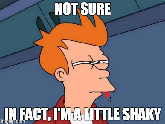 arrrblllarrrblllarrrrlll | NOT SURE; IN FACT, I'M A LITTLE SHAKY | image tagged in memes,futurama fry | made w/ Imgflip meme maker