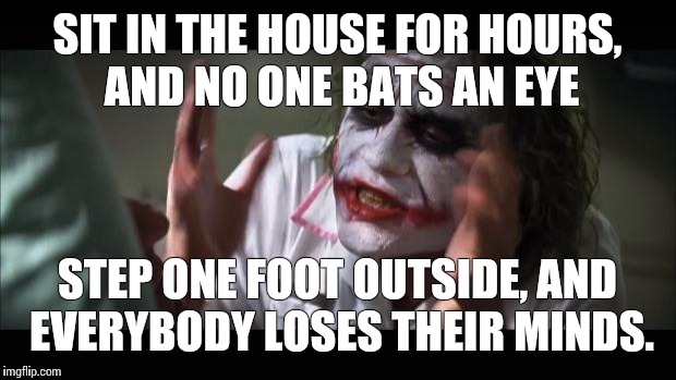 And everybody loses their minds | SIT IN THE HOUSE FOR HOURS, AND NO ONE BATS AN EYE; STEP ONE FOOT OUTSIDE, AND EVERYBODY LOSES THEIR MINDS. | image tagged in memes,and everybody loses their minds | made w/ Imgflip meme maker