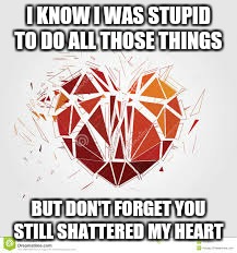 Broken heart | I KNOW I WAS STUPID TO DO ALL THOSE THINGS; BUT DON'T FORGET YOU STILL SHATTERED MY HEART | image tagged in broken heart | made w/ Imgflip meme maker