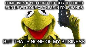Kermit With Gun | SOMETIMES IF YOU DON'T LET GO YOU COULD END UP WITH ONE OF THESE IN YOUR HANDS. BUT THAT'S NONE OF MY BUSINESS | image tagged in kermit with gun | made w/ Imgflip meme maker