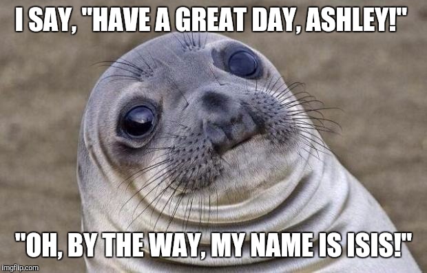 Awkward Moment Sealion | I SAY, "HAVE A GREAT DAY, ASHLEY!"; "OH, BY THE WAY, MY NAME IS ISIS!" | image tagged in memes,awkward moment sealion | made w/ Imgflip meme maker