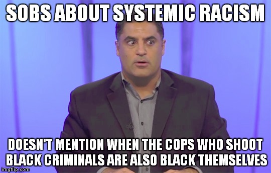 Double Think |  SOBS ABOUT SYSTEMIC RACISM; DOESN'T MENTION WHEN THE COPS WHO SHOOT BLACK CRIMINALS ARE ALSO BLACK THEMSELVES | image tagged in sjws,the young turks,double standards,political meme | made w/ Imgflip meme maker