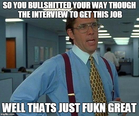 you know who you are | SO YOU BULLSHITTED YOUR WAY THOUGH THE INTERVIEW TO GET THIS JOB; WELL THATS JUST FUKN GREAT | image tagged in memes,that would be great,dick | made w/ Imgflip meme maker