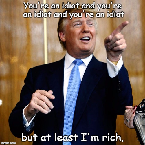 You're an idiot... | You're an idiot and you're an idiot and you're an idiot; but at least I'm rich. | image tagged in donald trump | made w/ Imgflip meme maker