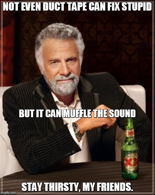 The Most Interesting Man In The World Meme | NOT EVEN DUCT TAPE CAN FIX STUPID STAY THIRSTY, MY FRIENDS. BUT IT CAN MUFFLE THE SOUND | image tagged in memes,the most interesting man in the world | made w/ Imgflip meme maker