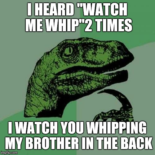 Philosoraptor | I HEARD "WATCH ME WHIP"2 TIMES; I WATCH YOU WHIPPING MY BROTHER IN THE BACK | image tagged in memes,philosoraptor | made w/ Imgflip meme maker