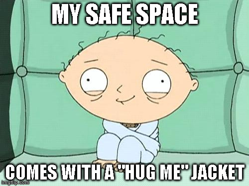 stewie straight jacket | MY SAFE SPACE; COMES WITH A "HUG ME" JACKET | image tagged in stewie straight jacket | made w/ Imgflip meme maker