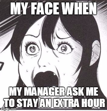 MY FACE WHEN; MY MANAGER ASK ME TO STAY AN EXTRA HOUR | image tagged in wadafaq | made w/ Imgflip meme maker