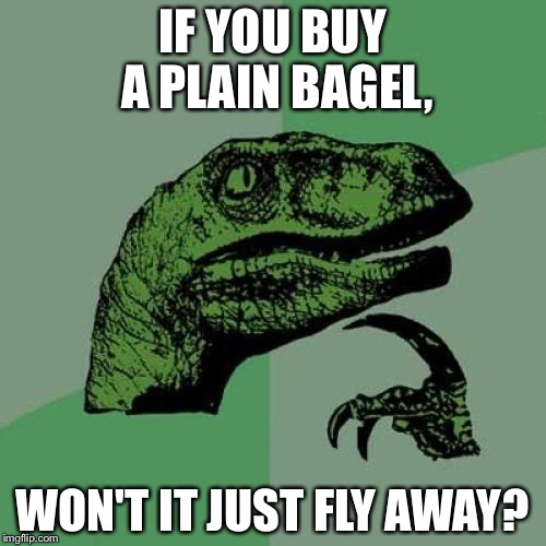 Philosoraptor Meme | IF YOU BUY A PLAIN BAGEL, WON'T IT JUST FLY AWAY? | image tagged in memes,philosoraptor | made w/ Imgflip meme maker