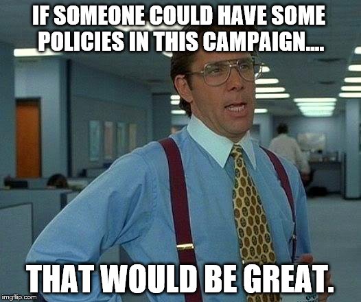 Team Trump takes a hit. The words, sinking, ships and rats come to mind. | IF SOMEONE COULD HAVE SOME POLICIES IN THIS CAMPAIGN.... THAT WOULD BE GREAT. | image tagged in memes,that would be great,politics,political meme,funny,funny memes | made w/ Imgflip meme maker