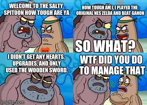 How Tough Are You Meme | HOW TOUGH AM I, I PLAYED THE ORIGINAL NES ZELDA AND BEAT GANON; WELCOME TO THE SALTY SPITOON HOW TOUGH ARE YA; SO WHAT? WTF DID YOU DO TO MANAGE THAT; I DIDN'T GET ANY HEARTS, UPGRADES, AND ONLY USED THE WOODEN SWORD. | image tagged in memes,how tough are you,zelda,ganondorf,wooden sword | made w/ Imgflip meme maker