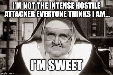 Frowning Nun Meme | I'M NOT THE INTENSE HOSTILE ATTACKER EVERYONE THINKS I AM... I'M SWEET | image tagged in memes,frowning nun | made w/ Imgflip meme maker