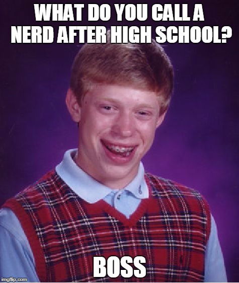 Bad Luck Brian | WHAT DO YOU CALL A NERD AFTER HIGH SCHOOL? BOSS | image tagged in memes,bad luck brian | made w/ Imgflip meme maker