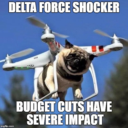 Flying Pug | DELTA FORCE SHOCKER; BUDGET CUTS HAVE SEVERE IMPACT | image tagged in flying pug | made w/ Imgflip meme maker